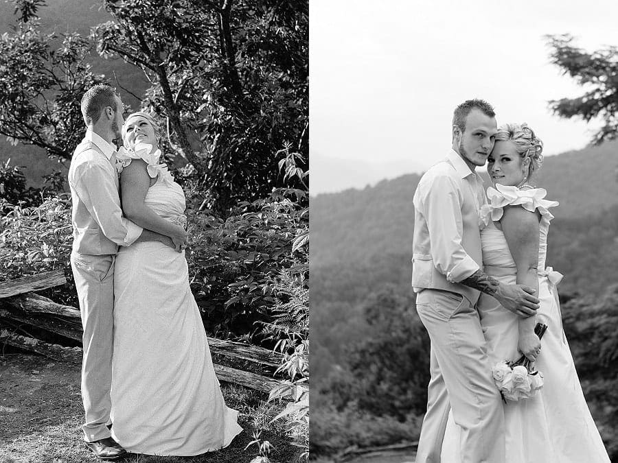 Bridge and Groom black and white posed at moutain top