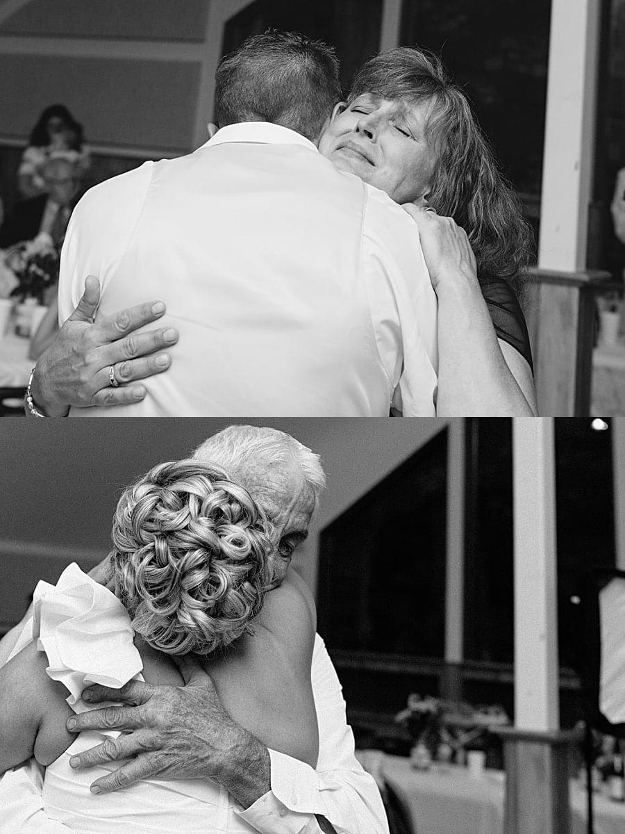 Black and white of mother son dance and father daughter first dance