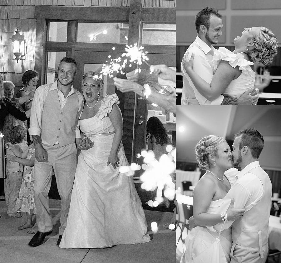 Black and White photos of bride adn goom dancing and sparkler send off