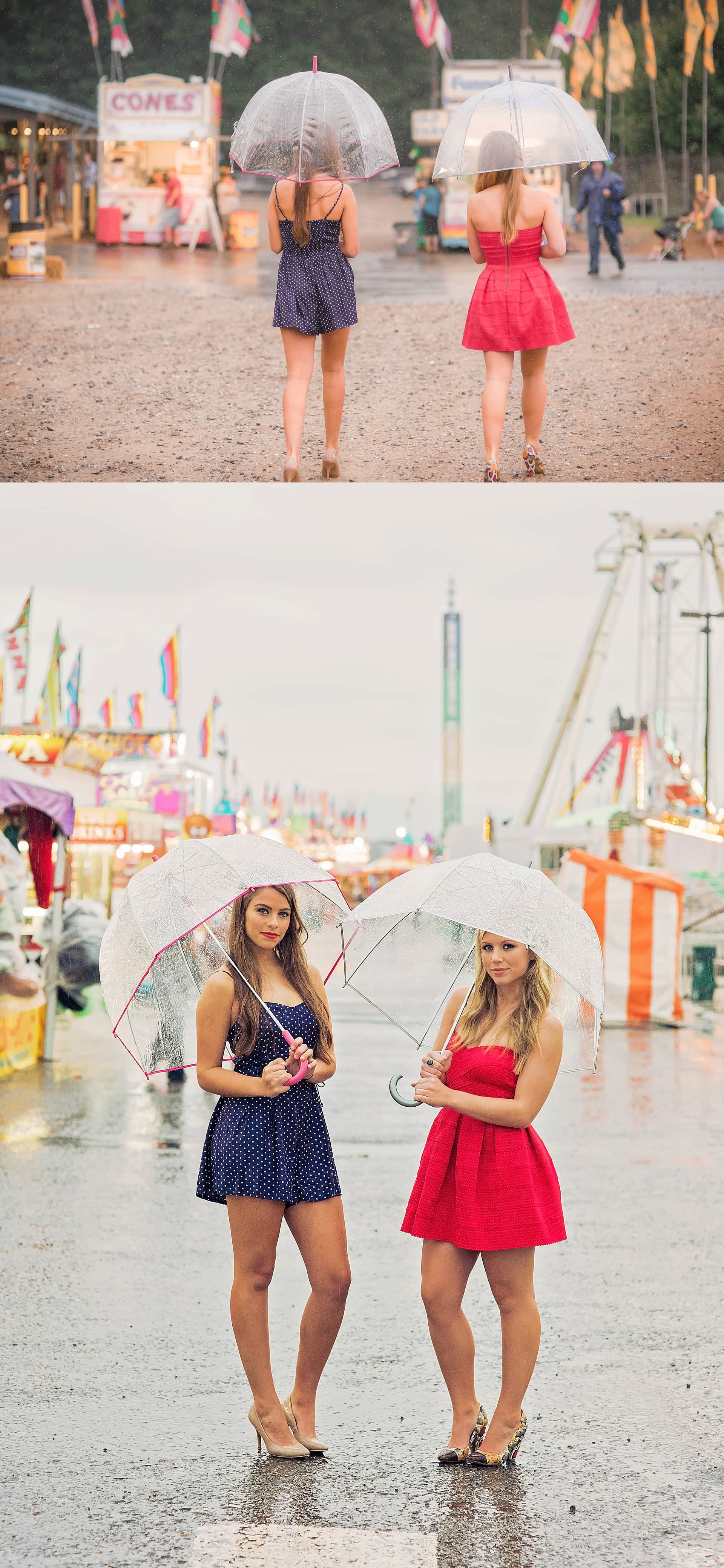 Asheville NC senior photography at state fair with girls carrying clear umbrellas