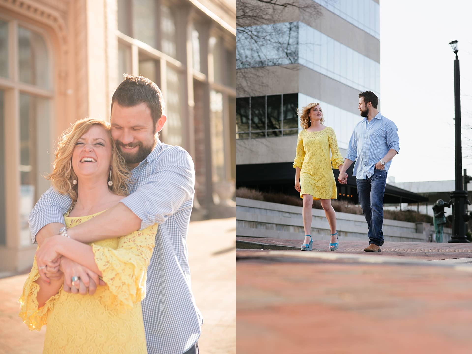 Engaged couple holding hands and walking in Asheville NC