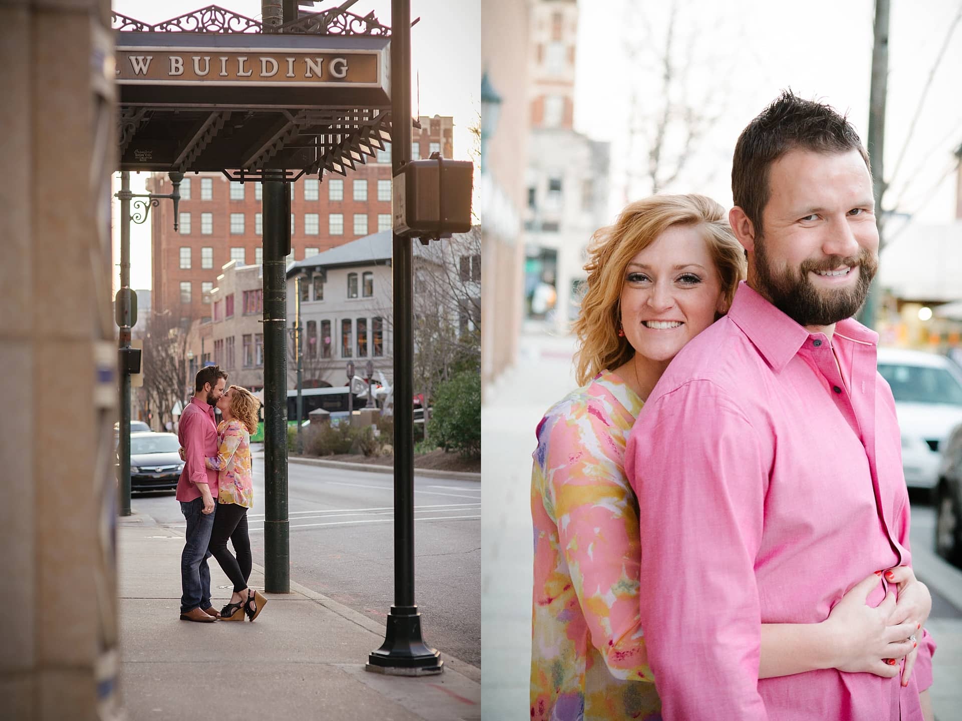 Engaged couple standing under the S&W building, Asheville NC