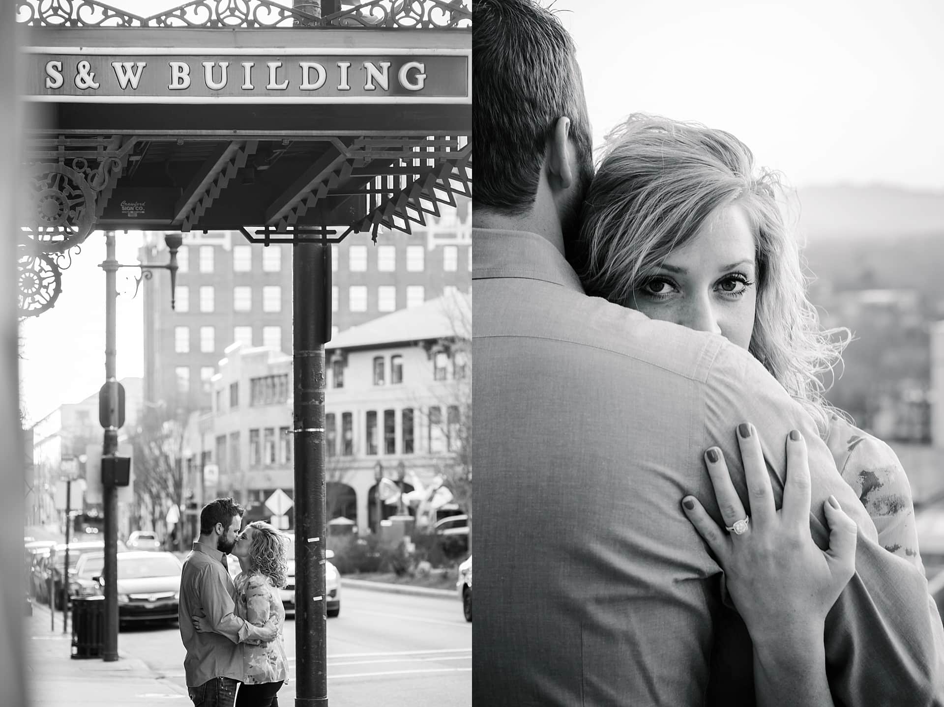 Couple cuddles at S&W building in downtown Asheville, NC