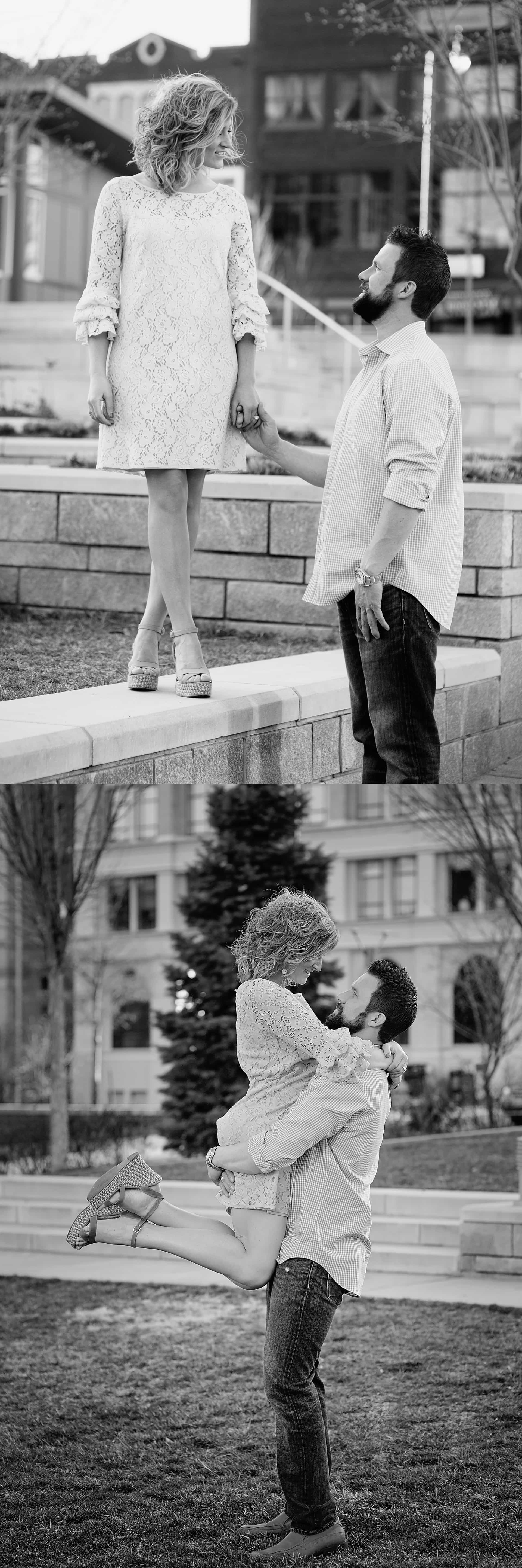 Couple looking into each others eyes in downtown Asheville at Pack Square