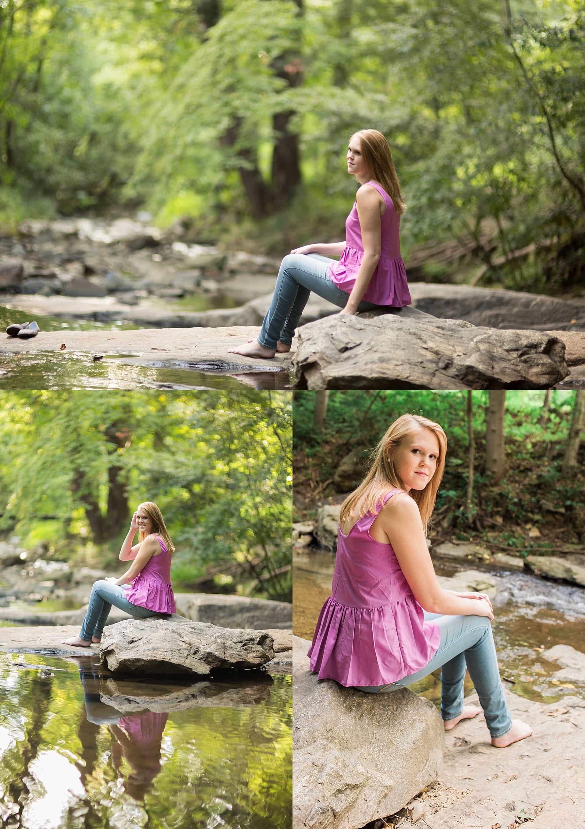 Senior in pink shirt and jeans at creek