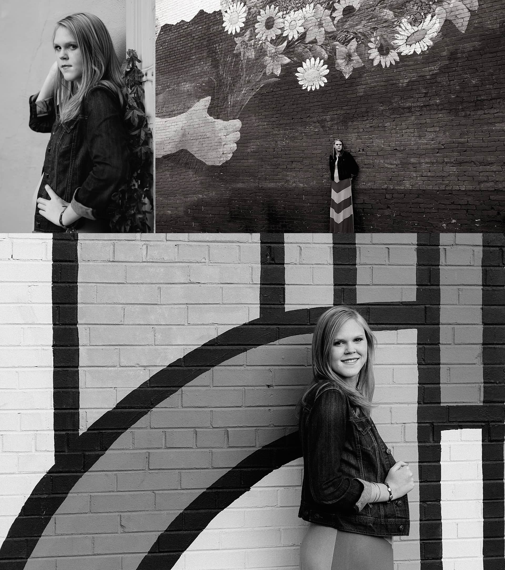 Senior pictures in front of brick wall, black and white