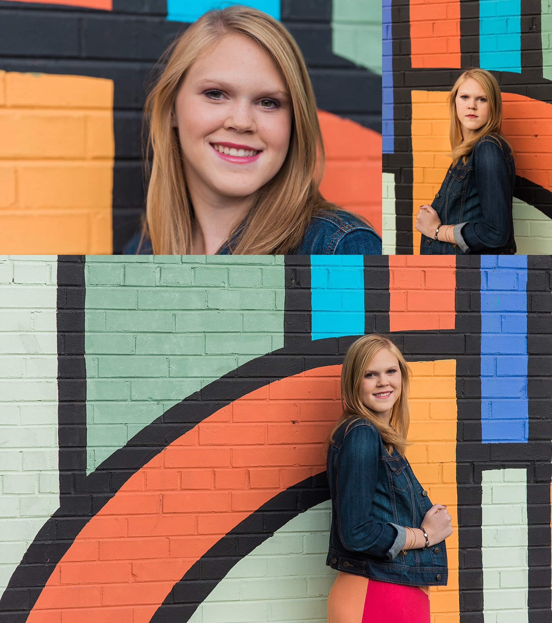 Senior pictures downtown Asheville in front of colorful brick wall