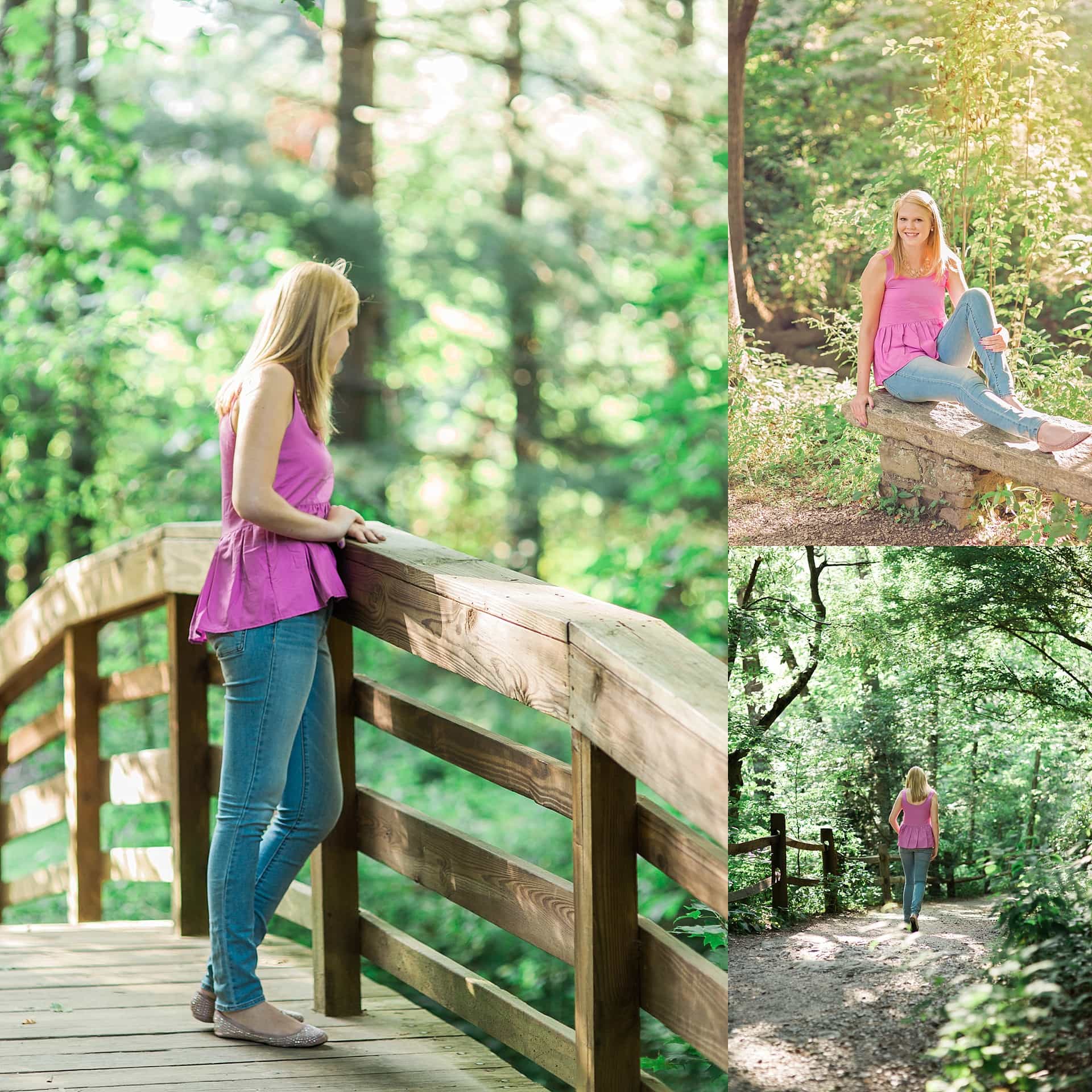 Teen girl in jeans and pink top at NC botanical gardens