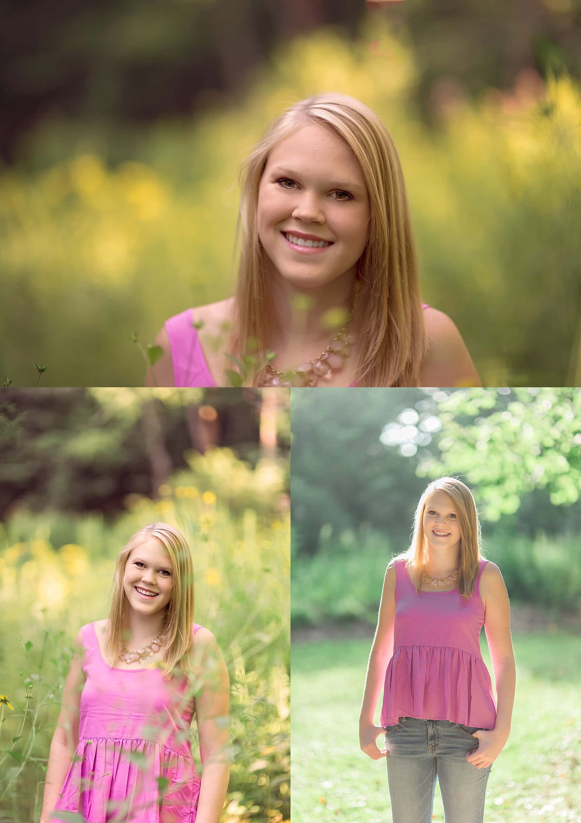 Headshot and 3/4 shot of teen girl in pink surrounded by greenery
