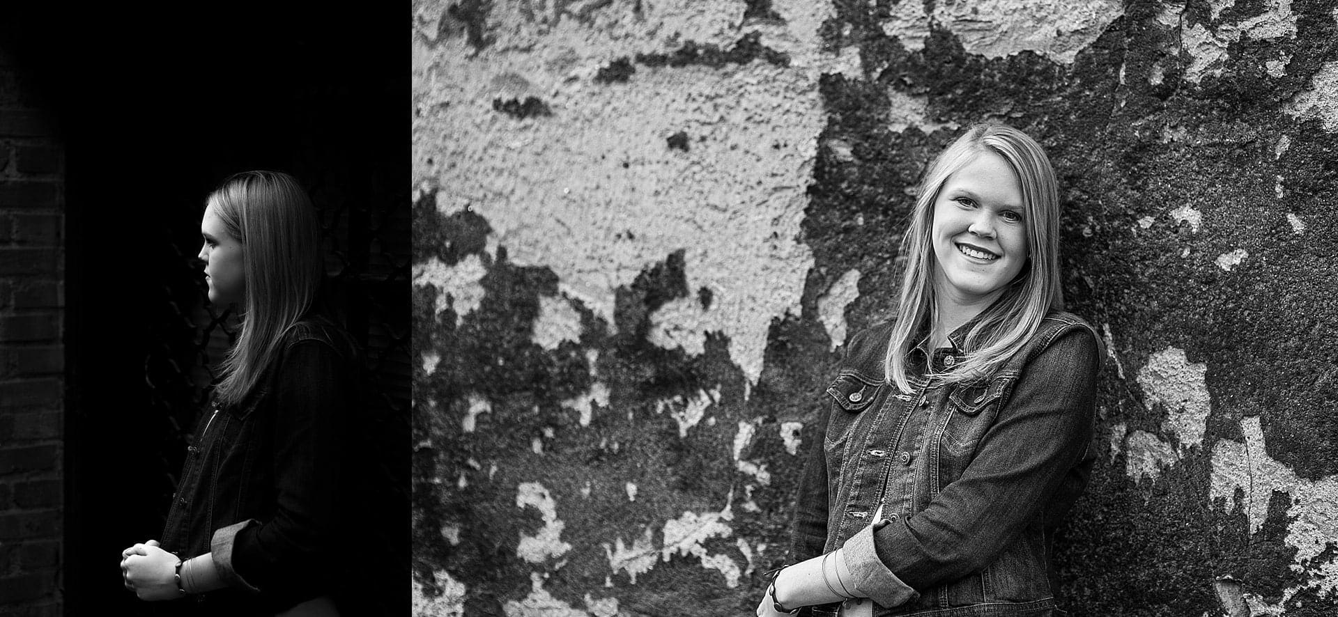 Moody black and white senior pictures downtown Asheville
