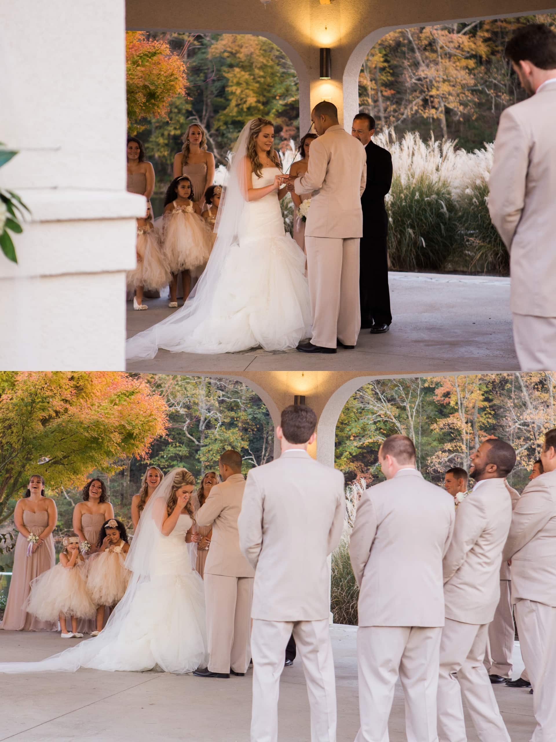 bride and groom exchange vows at lakeview wedding in asheville nc