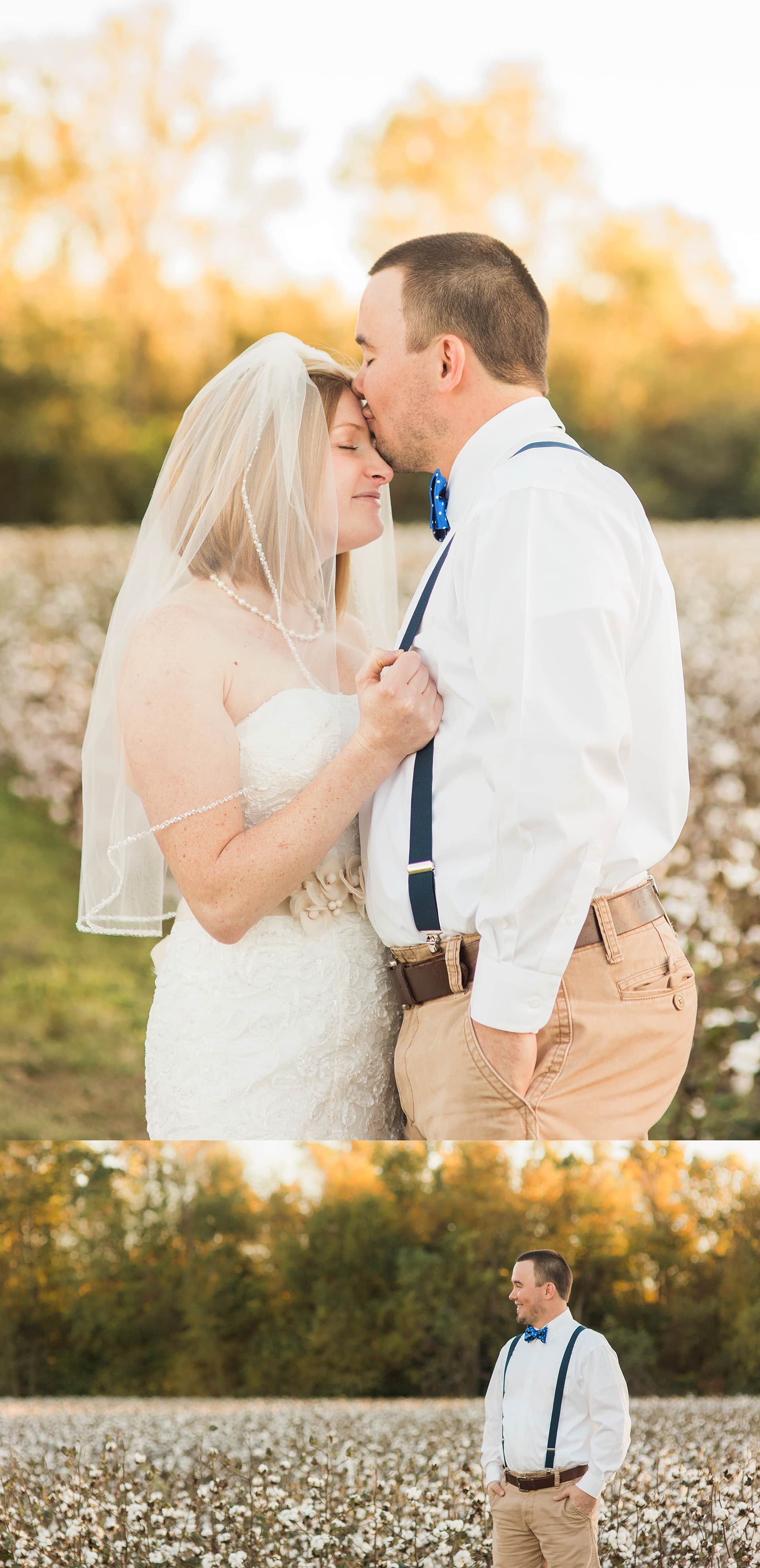 Bride and groom in field at sunset