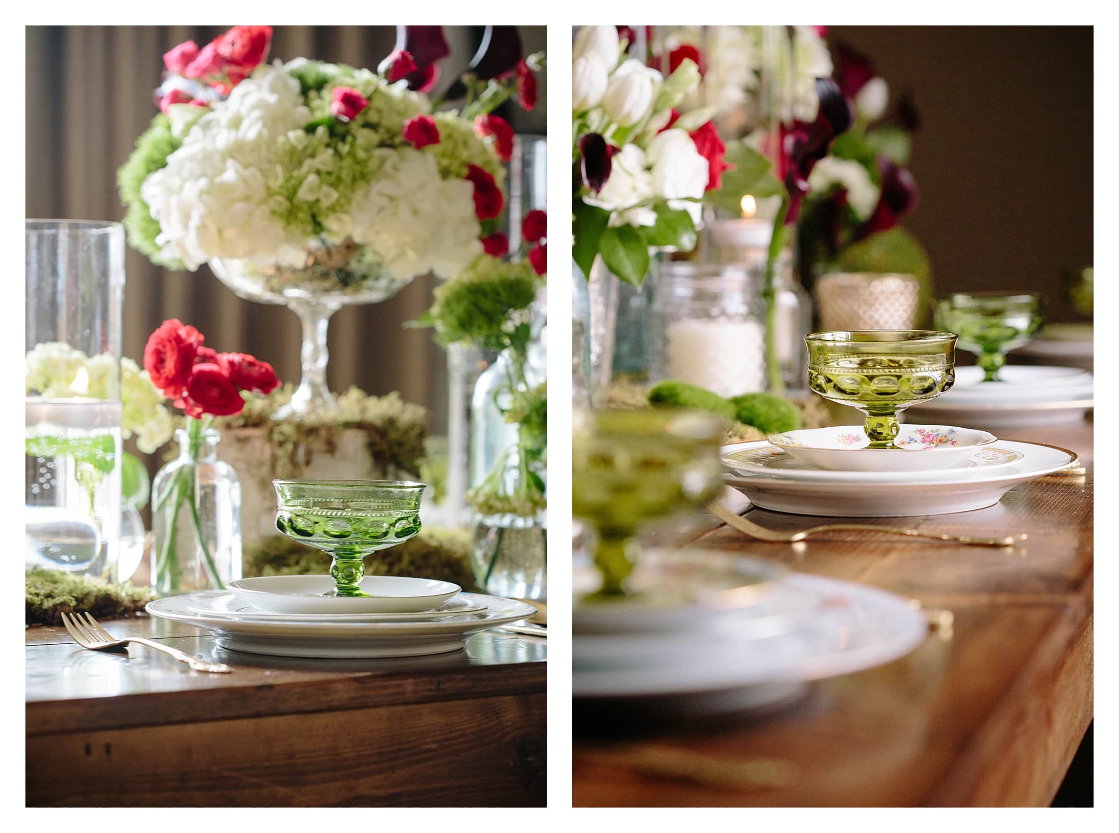 Candles and florals surrounding china at Asheville wedding venue
