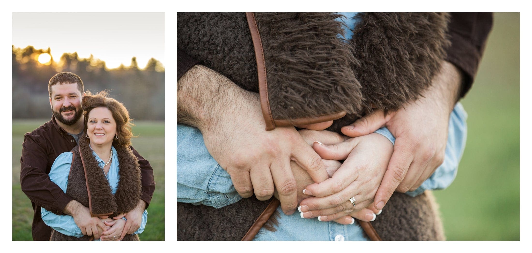 Detail shot and head shot of couple with the sun setting behind them in Asheville, NC