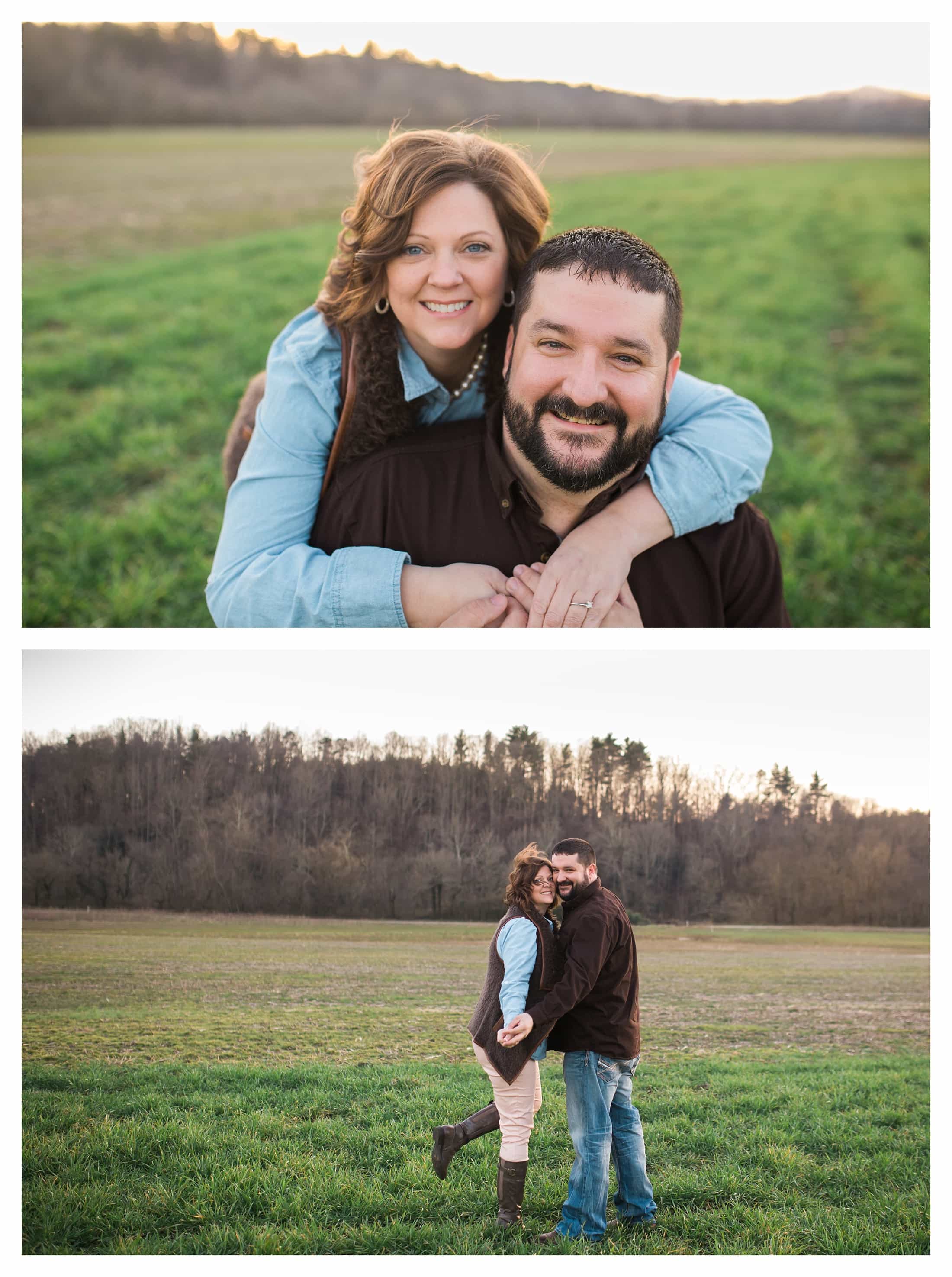 Couple in open field hugging