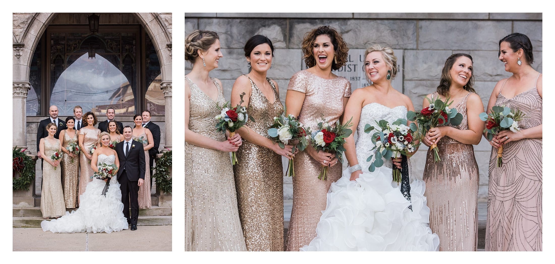 Asheville Destination Wedding, Downtown Asheville Wedding Venue, Gold bridesmaid dresses, mismatched bridesmaids dresses, Wedding party, Bridesmaids laughing, Sparkly bridesmaid dresses, New Year's Eve Wedding Party