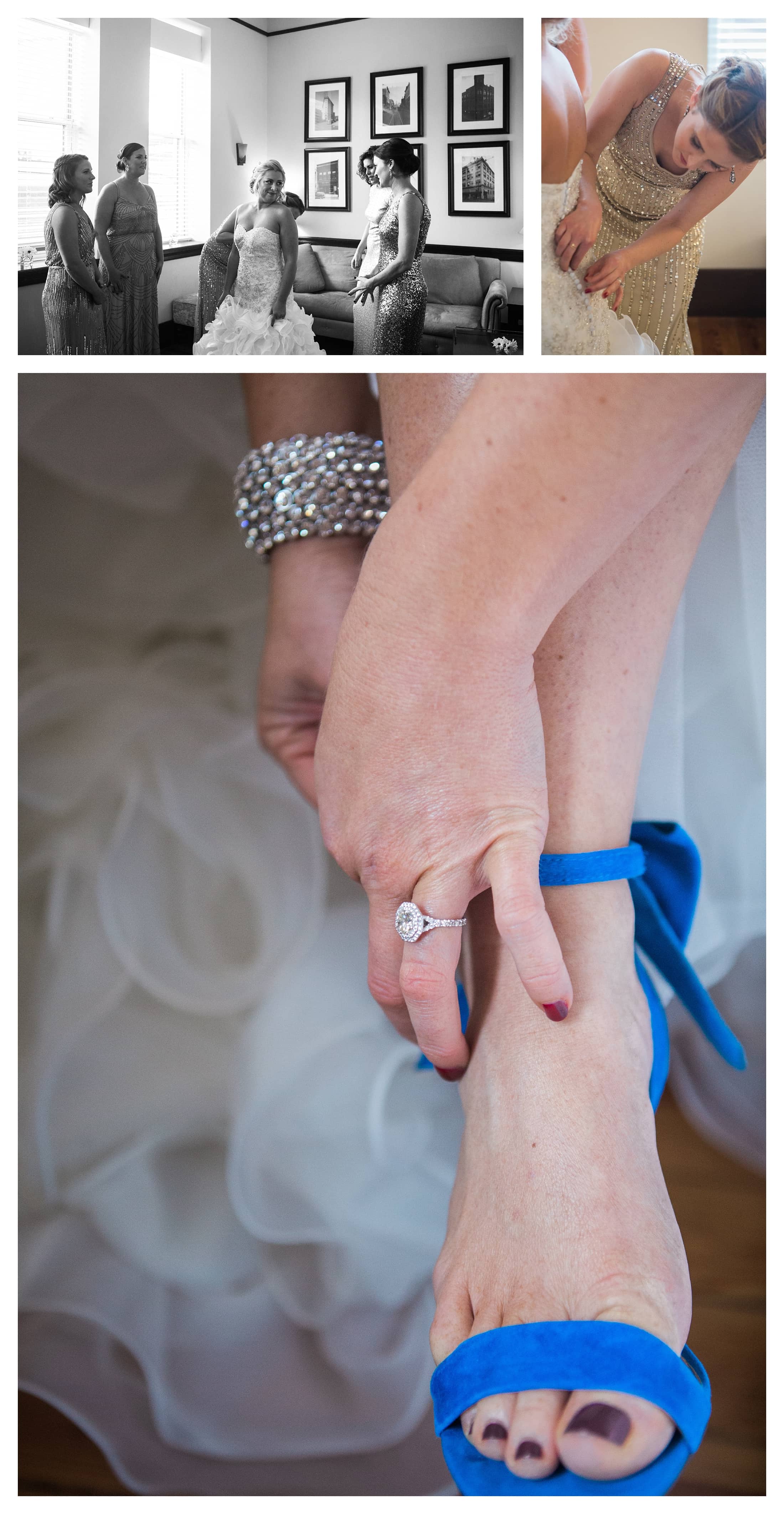 Bride getting dressed, wedding getting ready pictures, something blue, Bridesmaids help bride into her dress, Asheville Wedding Venues