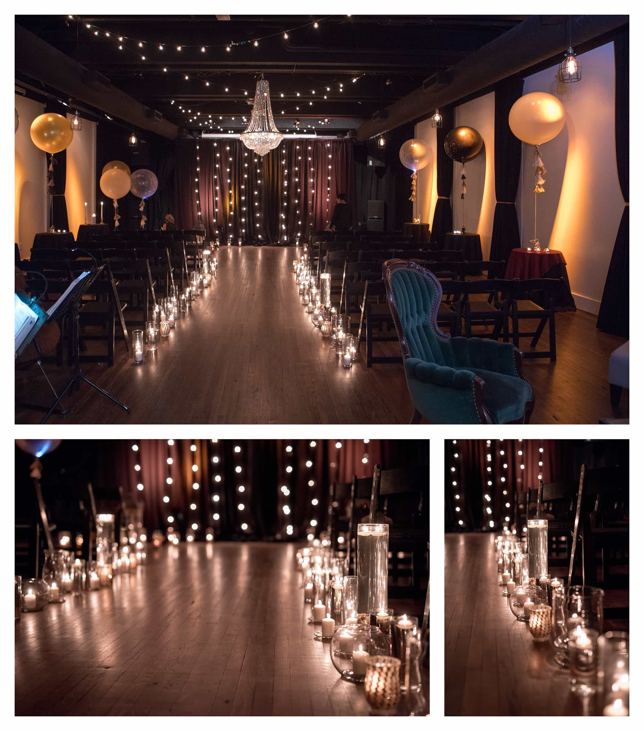 Candlelight wedding ceremony, Theater lit by white light and candles, candlelight New Year Eve Wedding, Asheville Downtown wedding photography