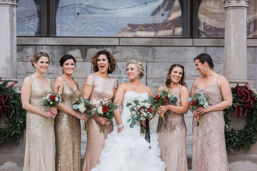 Bridesmaids gold dresses, Bridal party downtown Asheville, Mismatched gold bridesmaid dresses, Asheville Wedding Photographer