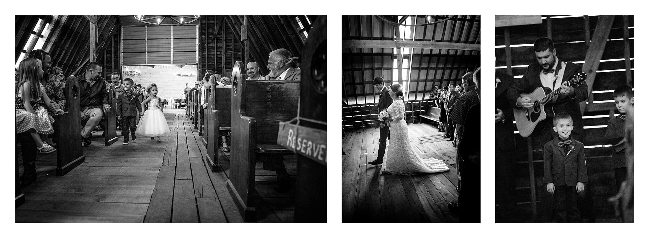 Indoor wedding ceremony in barn chapel.