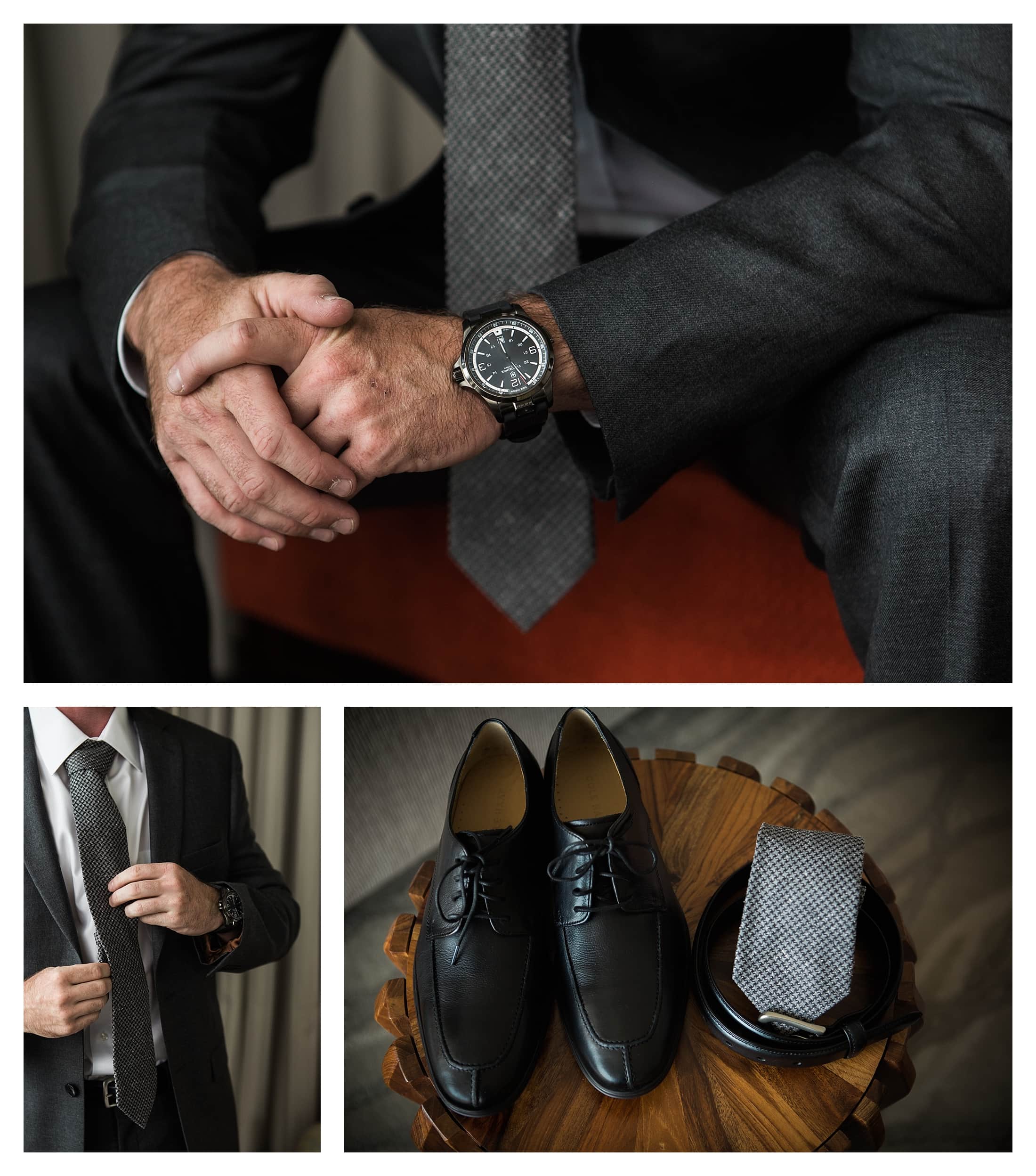 Grooms tie, shoes and watch