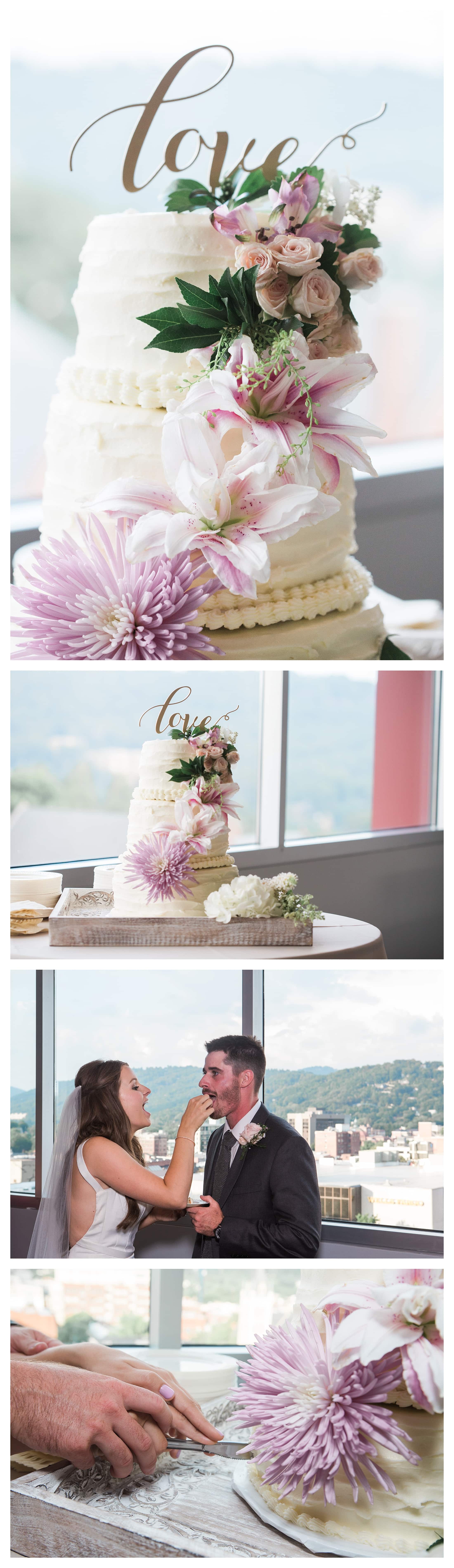 Pictures of white cwedding cake decorated with flowers and "love" topper.