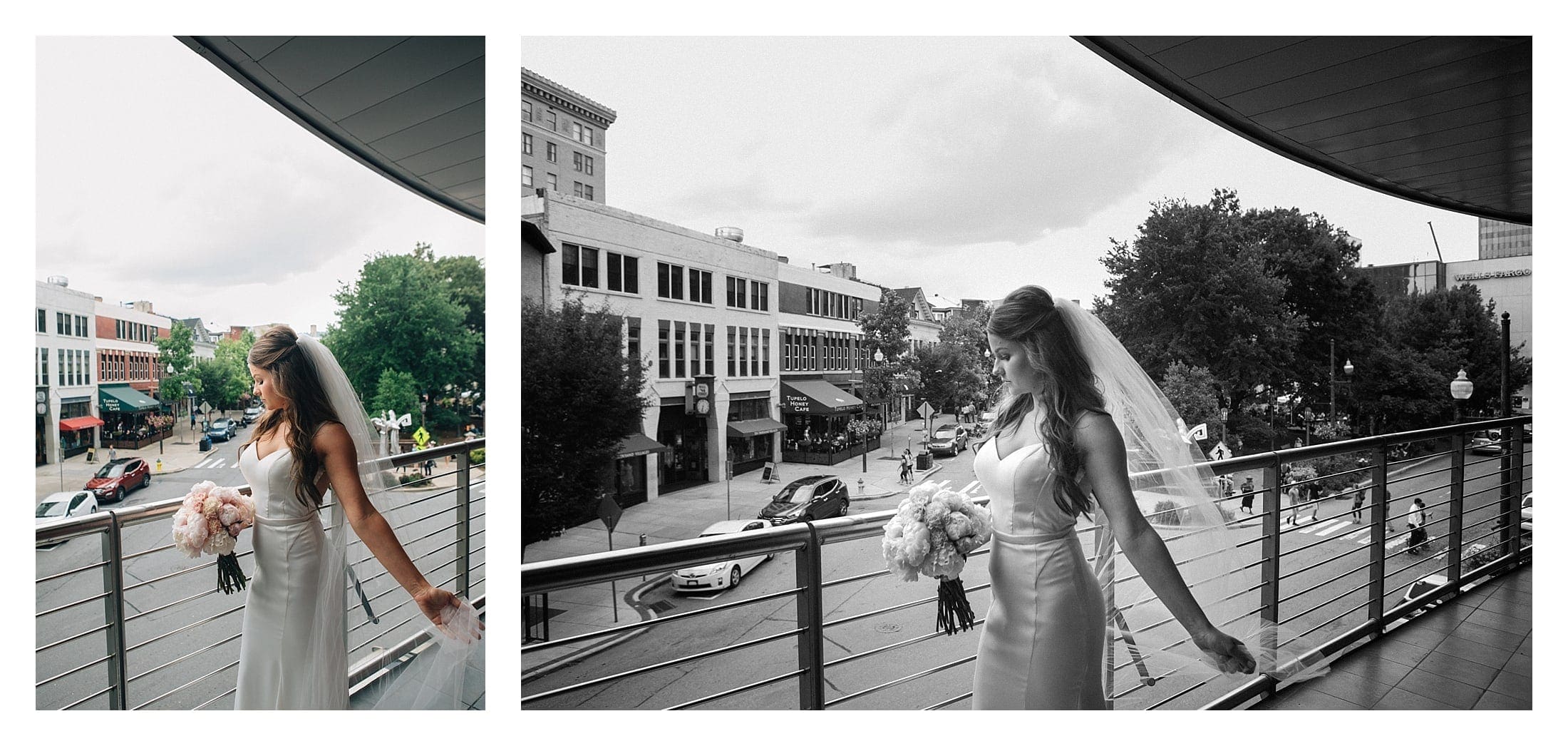 Bride on balcony with view of downtown before wedding.