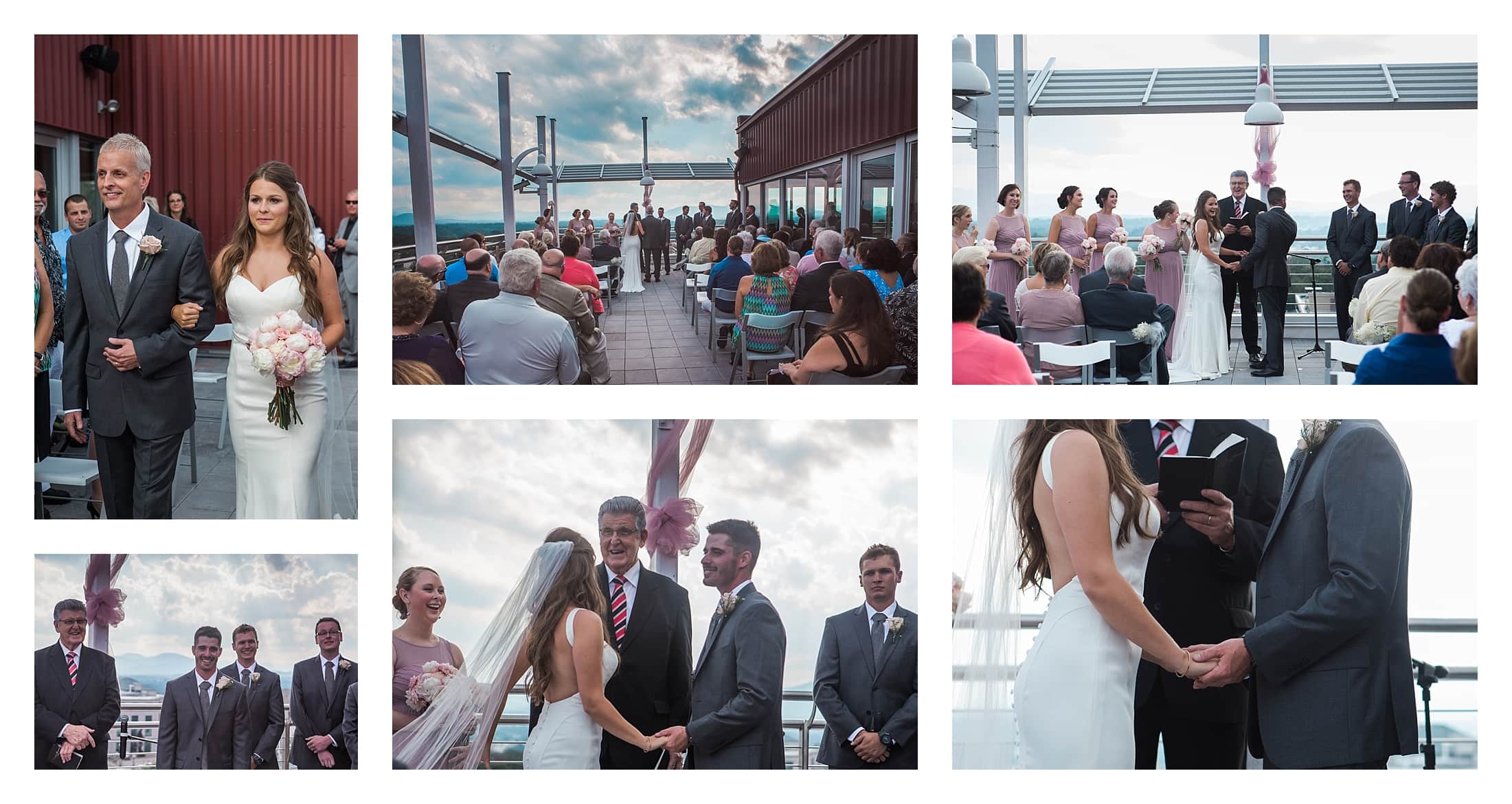 Wedding ceremony on deck overlooking downtown Asheville