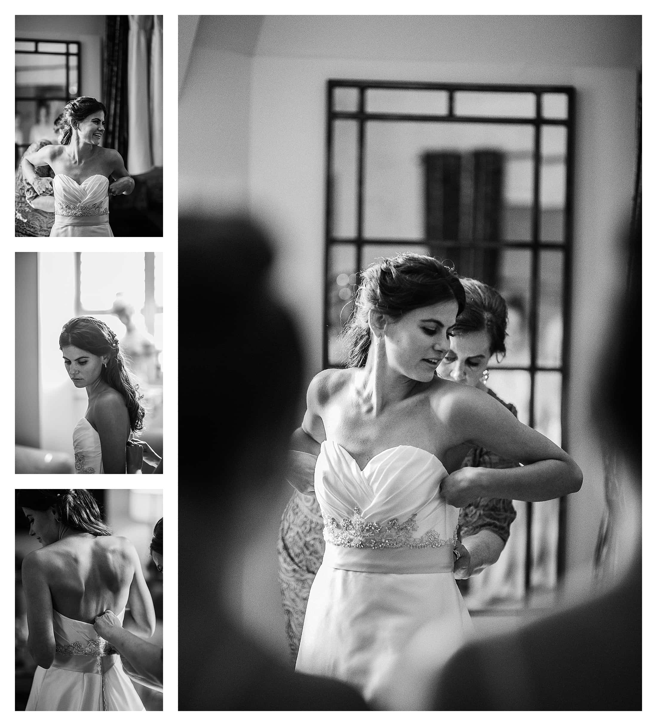 Black and white pictures of bride's mom helping her into her wedding dress. Asheville wedding detail photographs.
