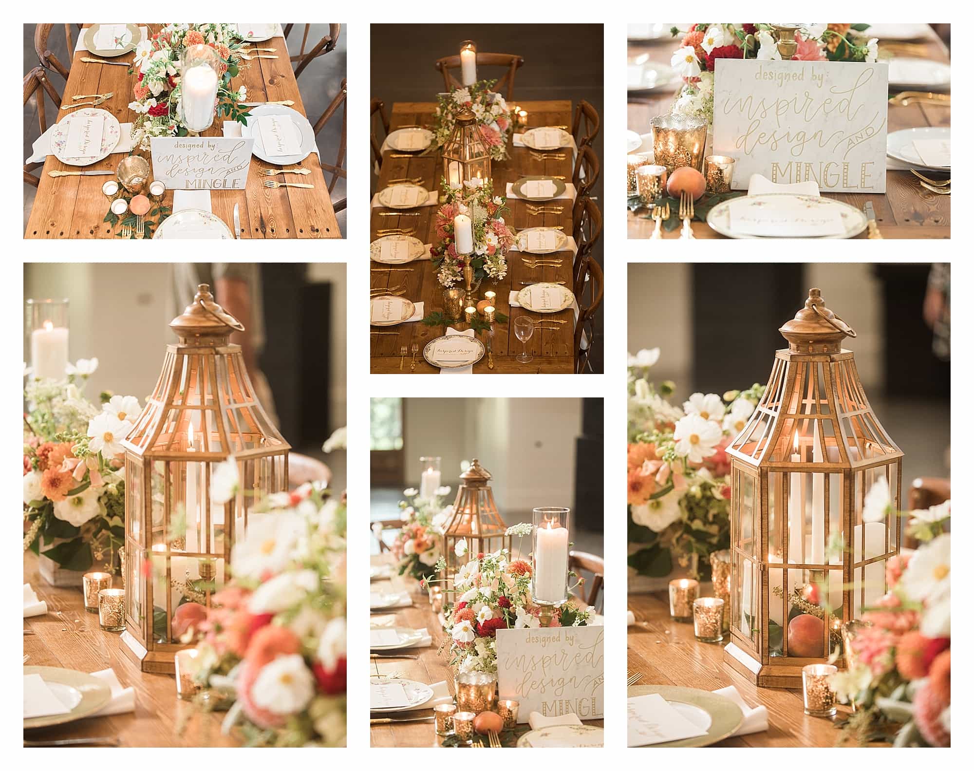 Peaches and greenery with lantern and candles