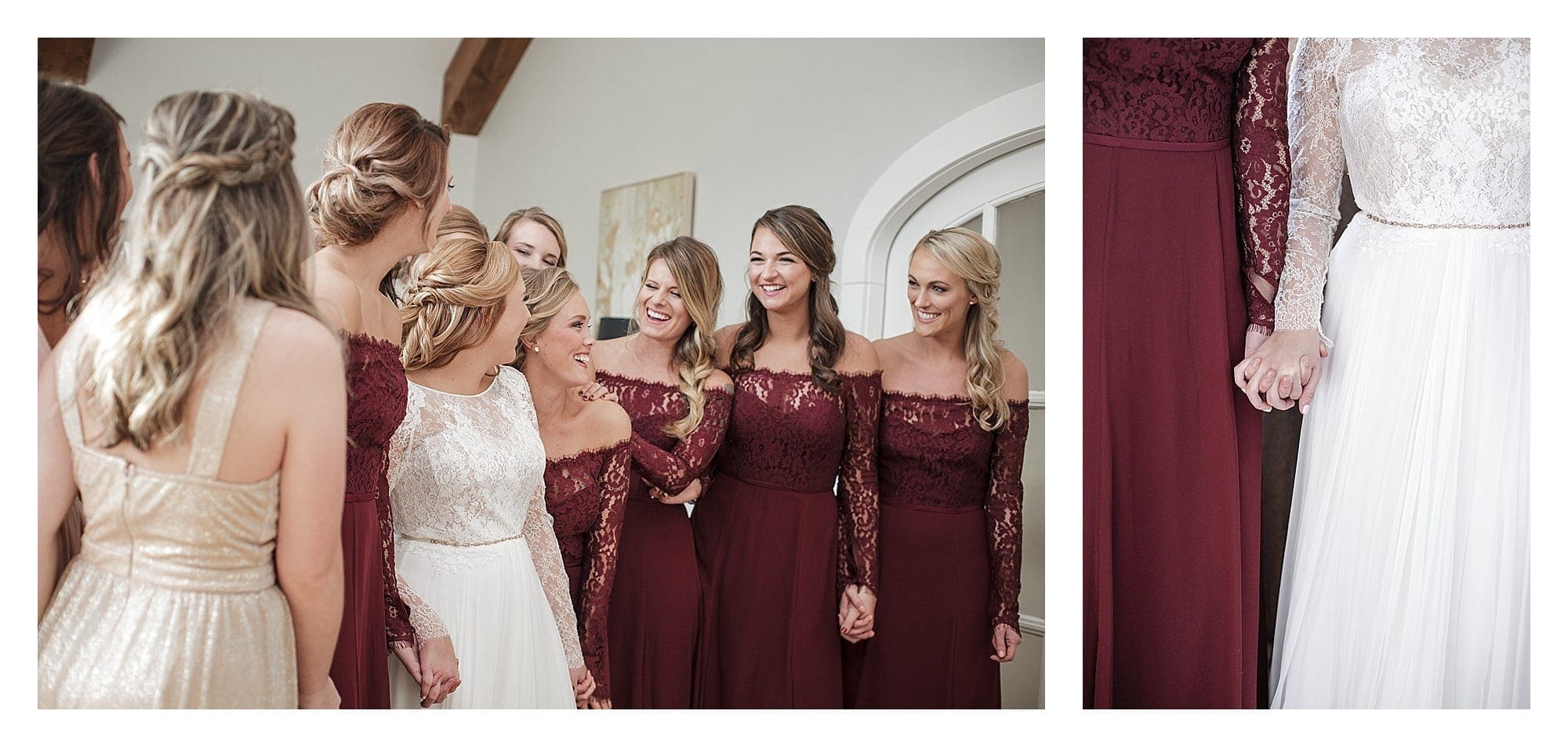 Bridesmaids laughing and holding hands