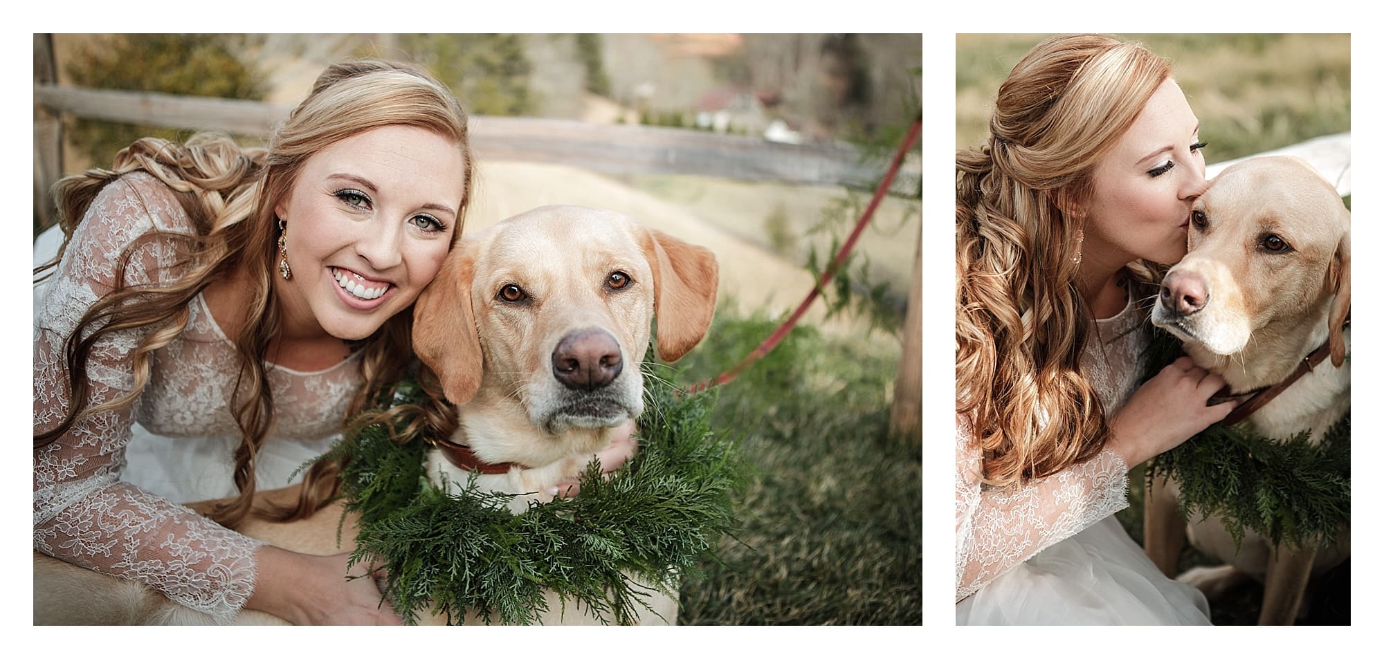 Bride and her dog with greenery 