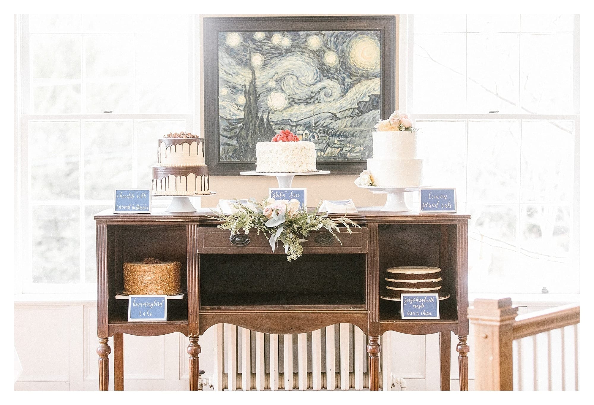 Display of cakes on antique buffet