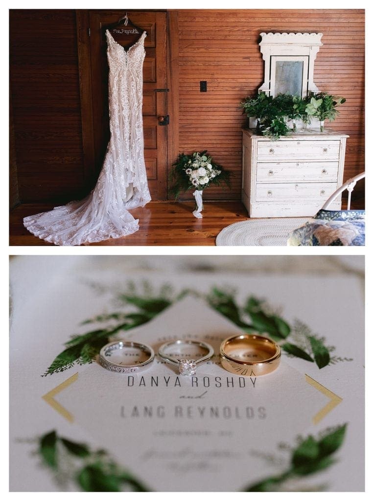 Lace wedding dress hanging on back of dark wooden door - second image of wedding rings sitting on top of wedding invitation - kathy beaver photography