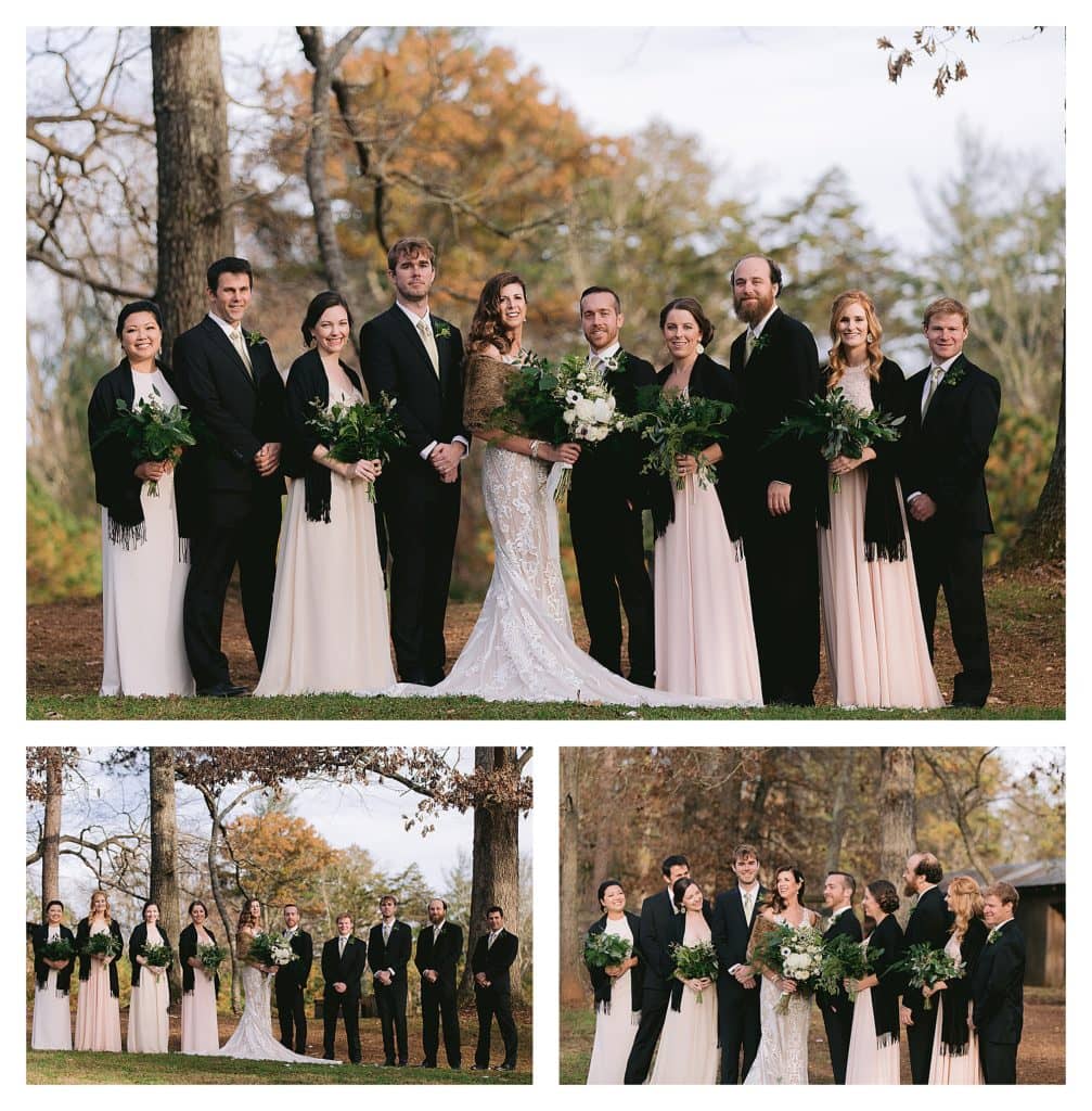 Wedding party posing with treed backdrop in december in north carolina - kathy beaver photography