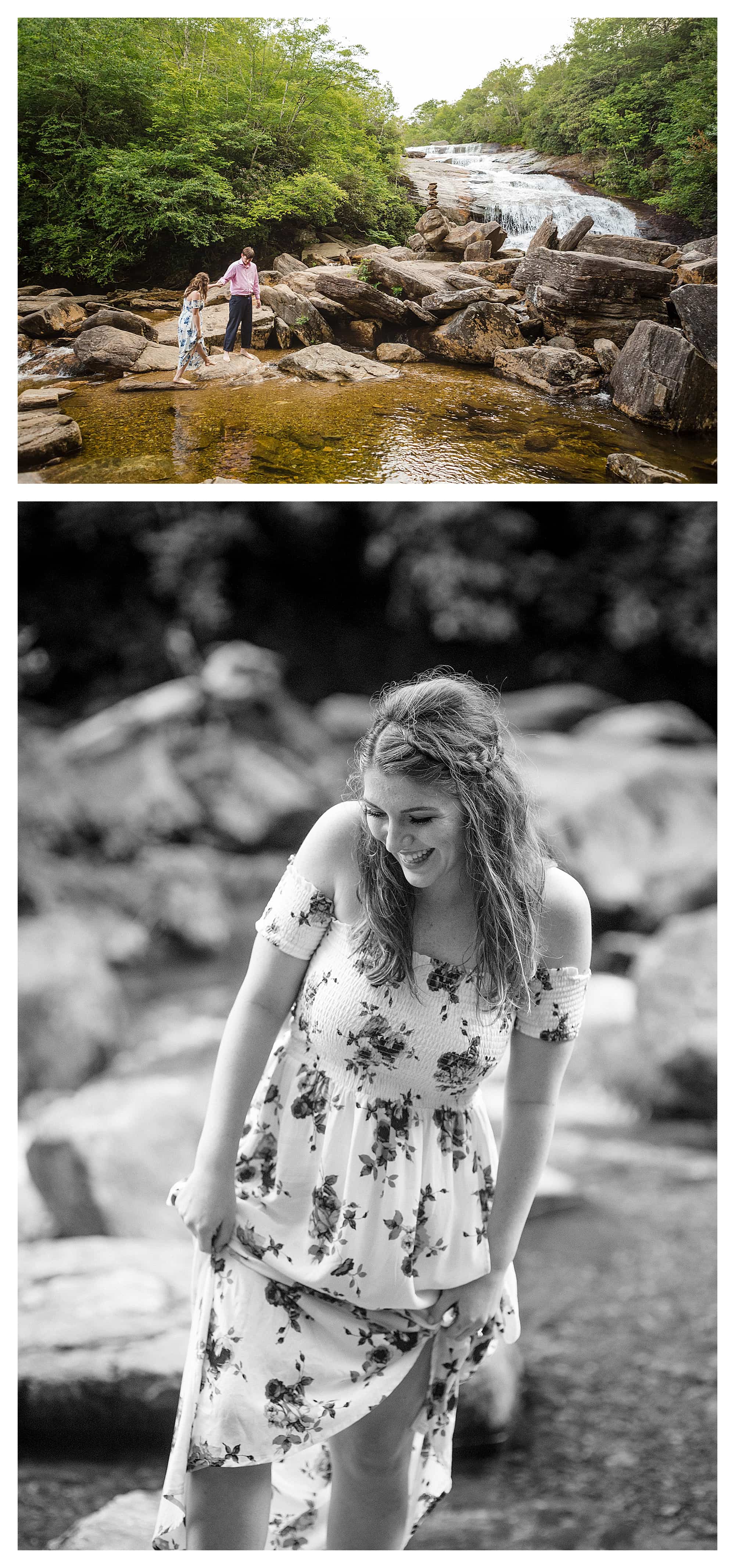 Photo of couple embracing on rocks beside calm river / second black and white photo of girl walk along rocks by river wearing white floral dress smiling