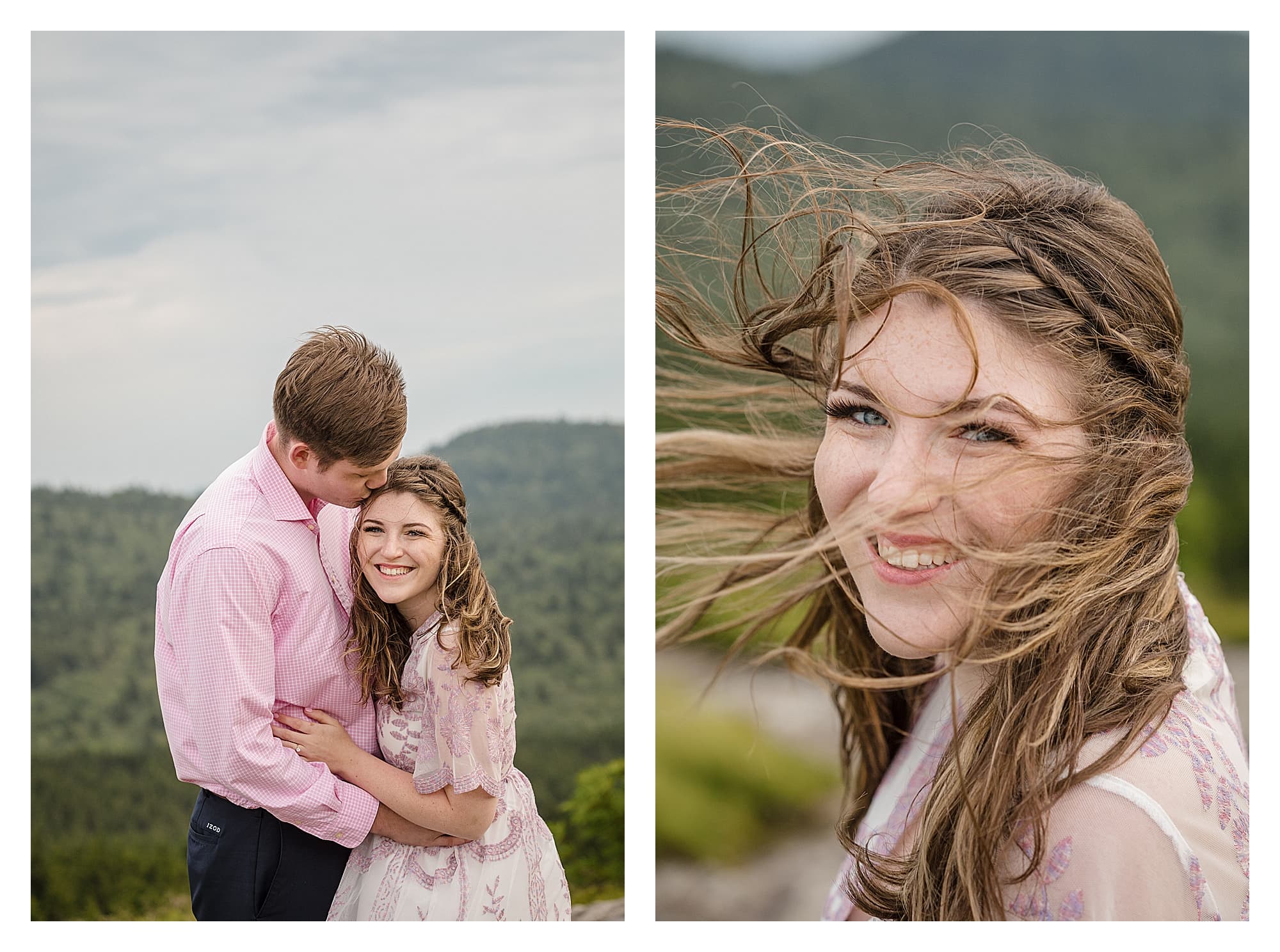 Photo of girl smiling and laughing while fiance hugs her on mountain top
