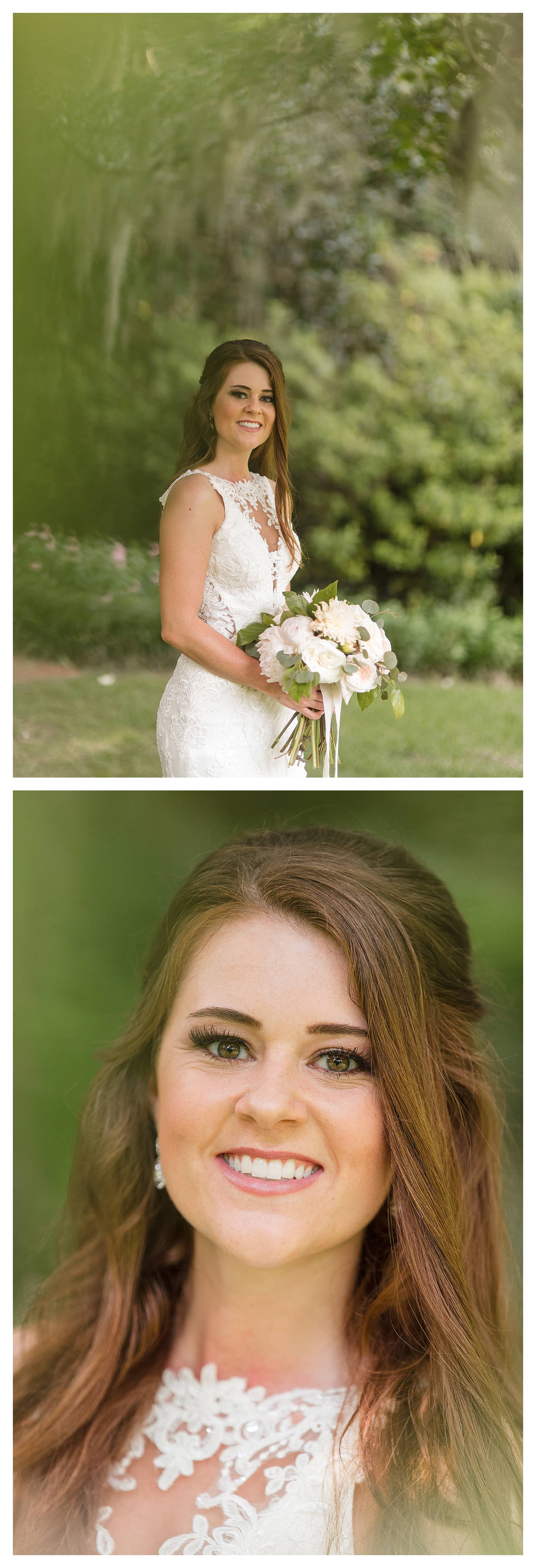 Close up of young bride smiling standing under a tree holding cream floral bouquet