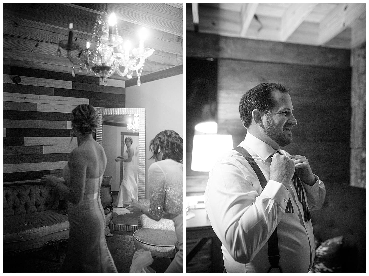 Black and white photos of bride and groom getting ready before their wedding ceremony