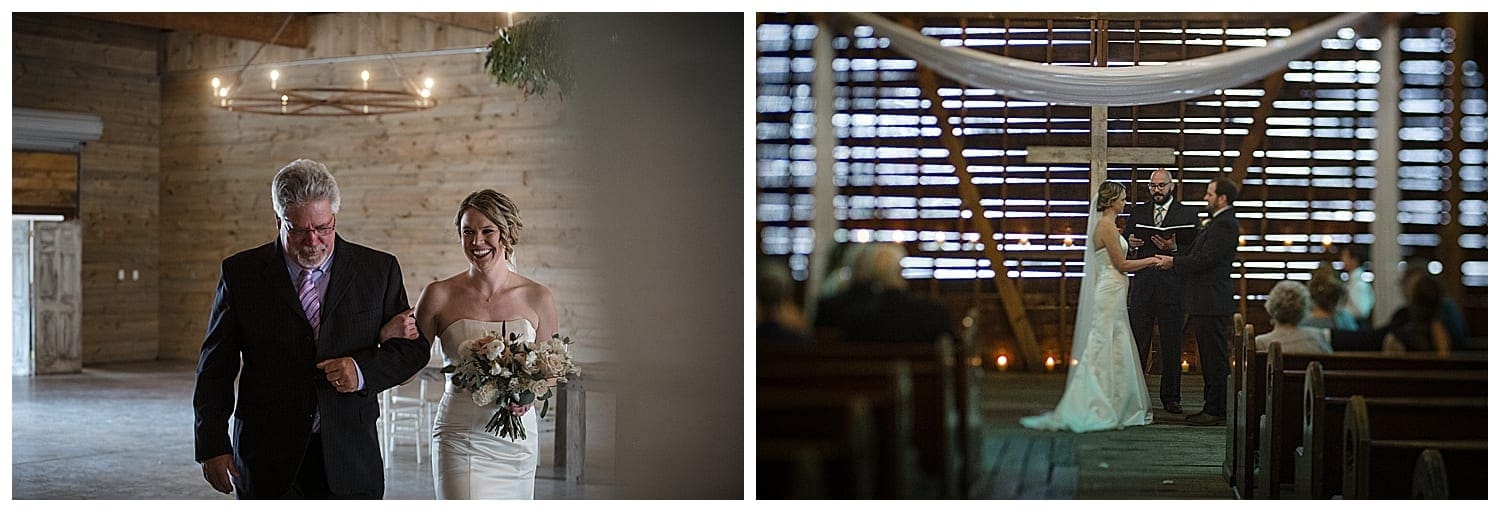Photo of brides father walking her down the aisle smiling and second photo of bride and groom standing holding hands at the front of a wooden chapel with officiant reading vows