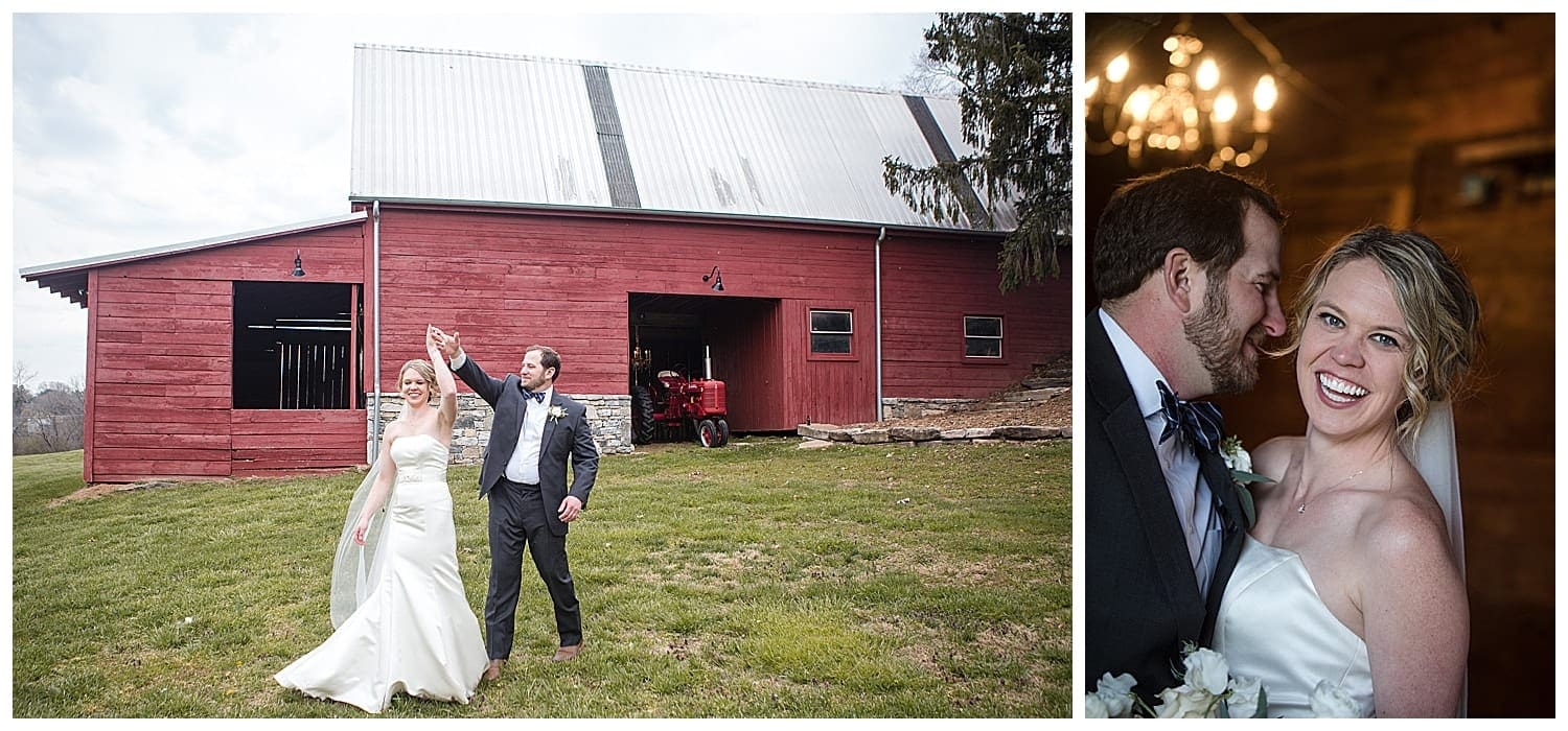 Bride and groom holding hands smiling while walking on grassy field beside large red barn, second photo of groom holding bride whispering in her ear as she is laughing and smiling at camera