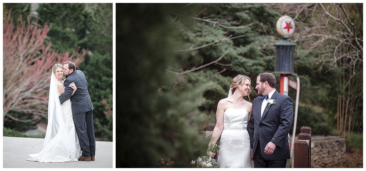 Bride and groom walking outside along gravel path smiling at one another holding hands, second photo of groom with his arms wrapped around bride kissing her on the cheek as she smiles at camera