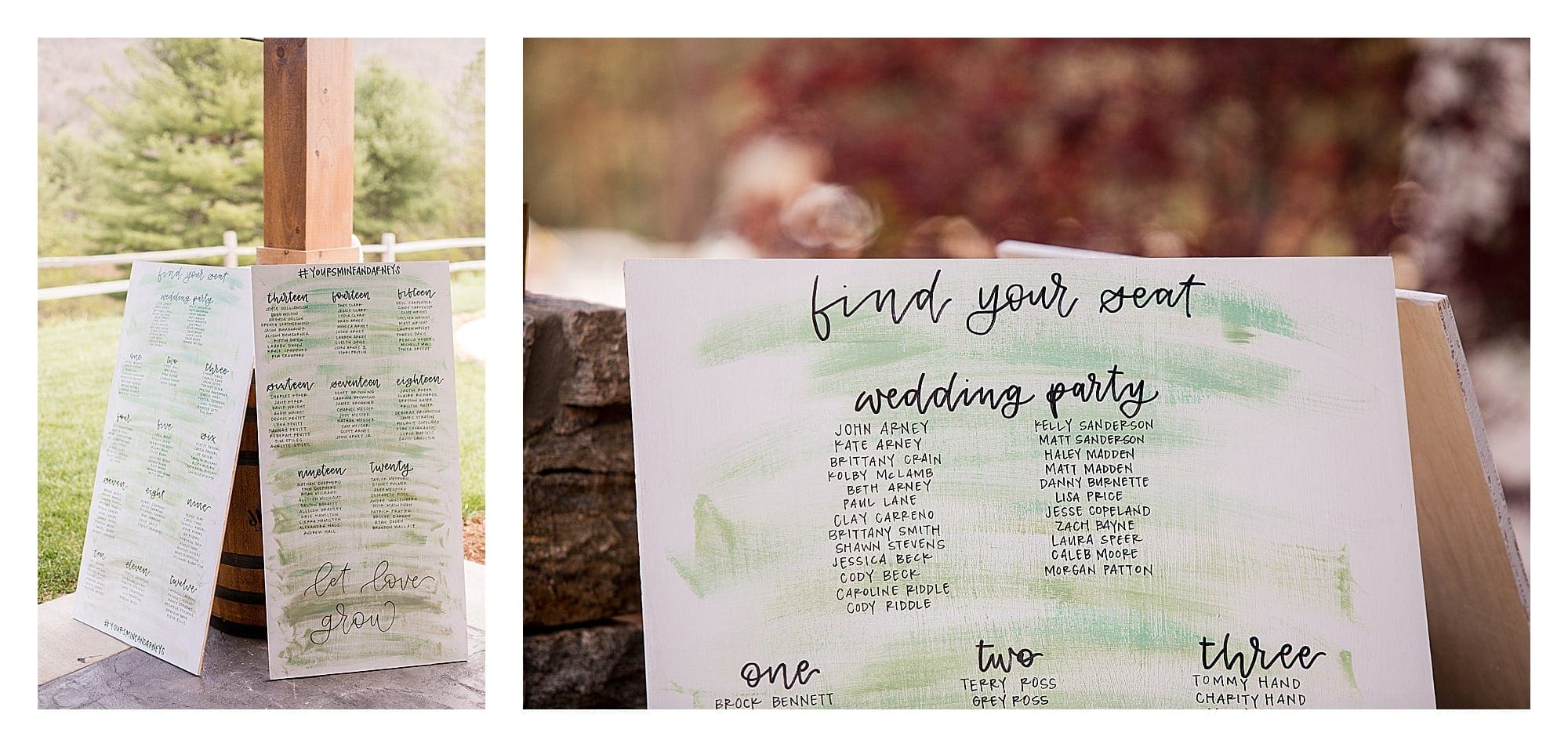Wedding guest seating chart written in black calligraphy on white board with green watercolor paint wash photography by Kathy Beaver