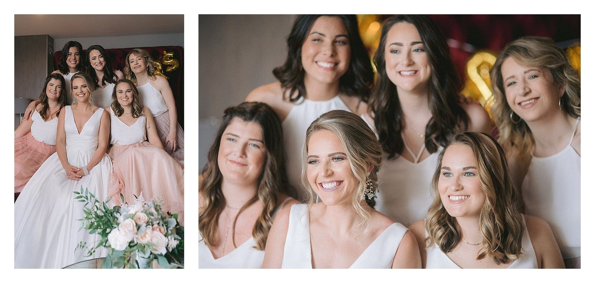 Bride and her bridesmaids smiling at camera sitting on couch