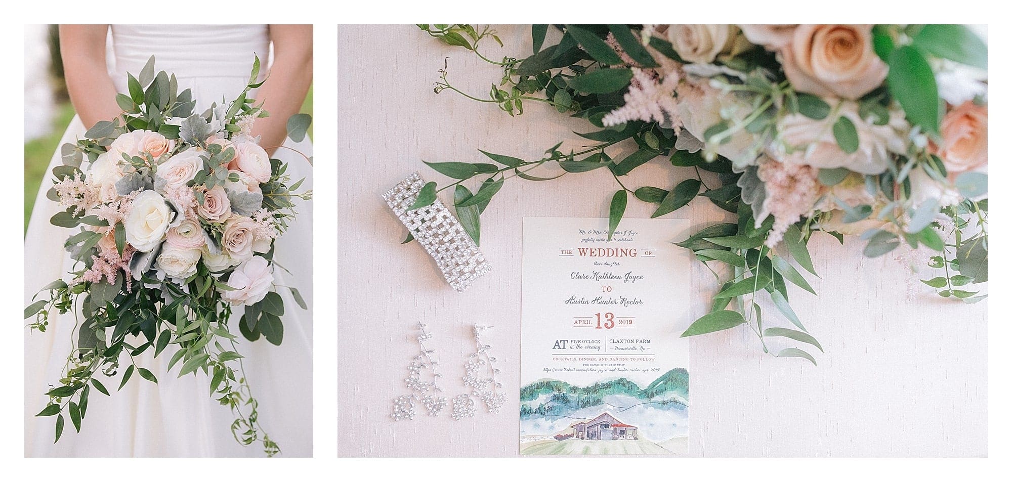 Cream and peach wedding bouquet and watercolor wedding invitation