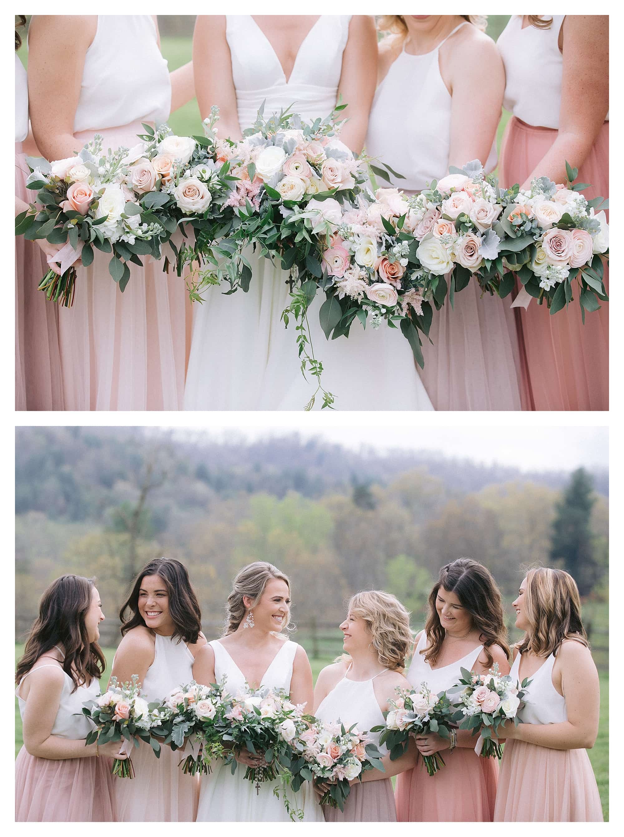 Bride and bridesmaids holding cream and peach floral bouquets laughing