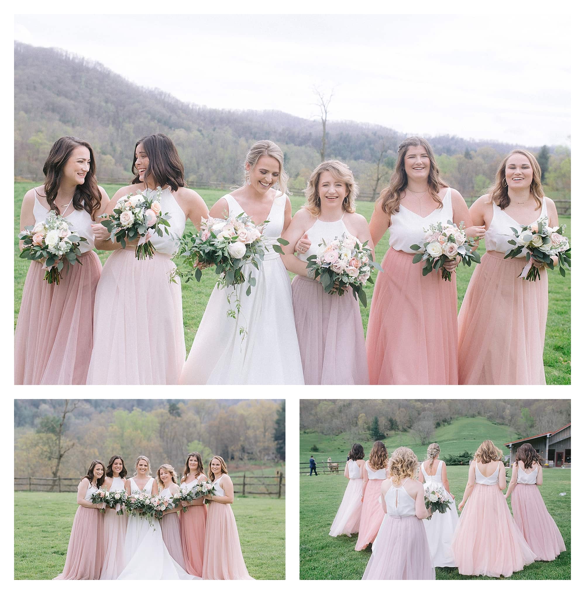 Bride and bridesmaids holding cream and peach floral bouquets