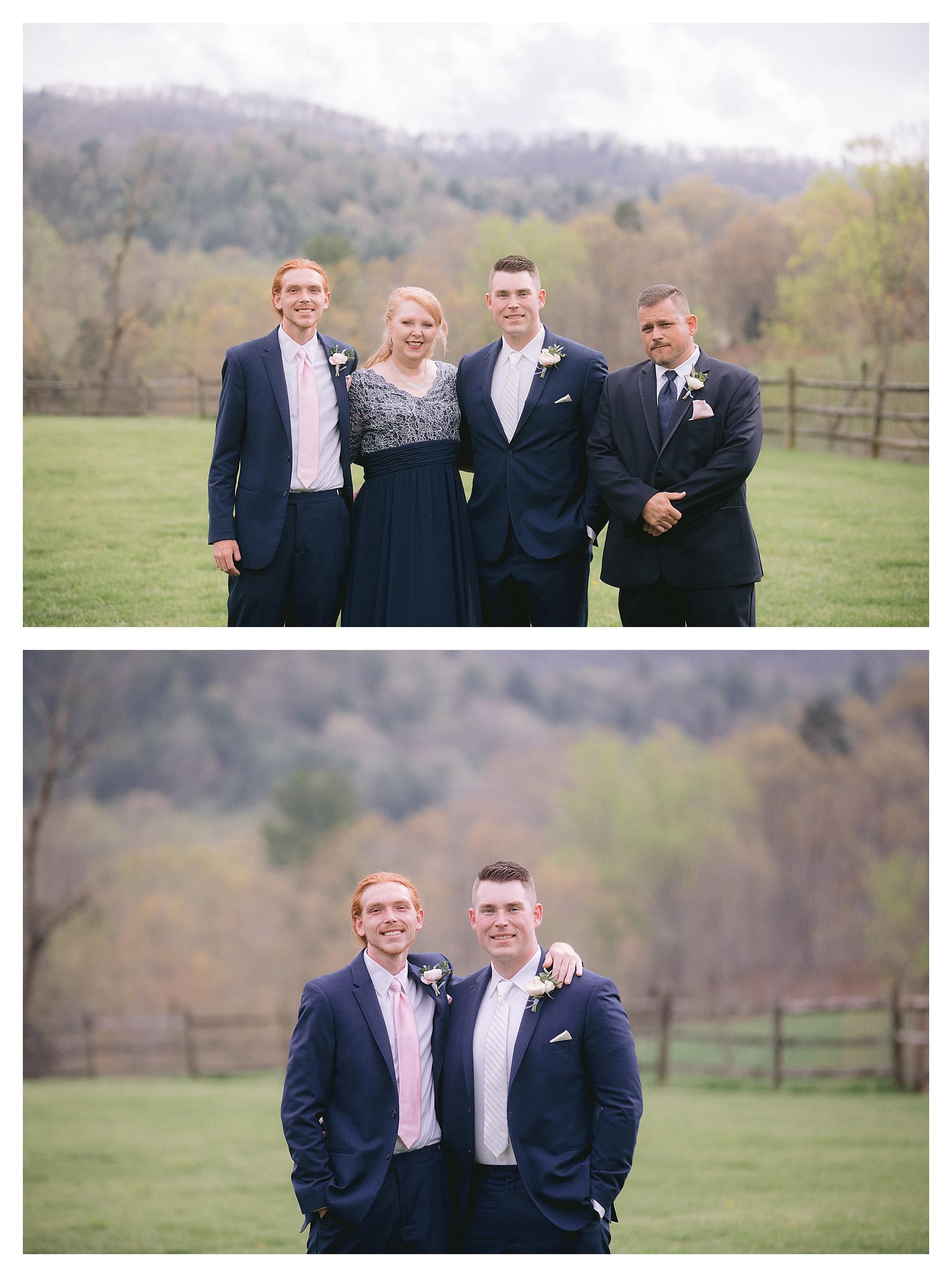 Groom posing with family in grassy field