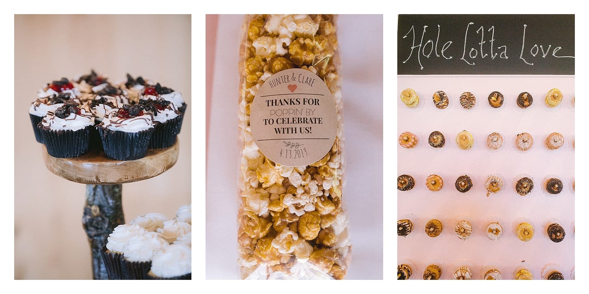 Wedding desserts and popcorn favors, donut wall