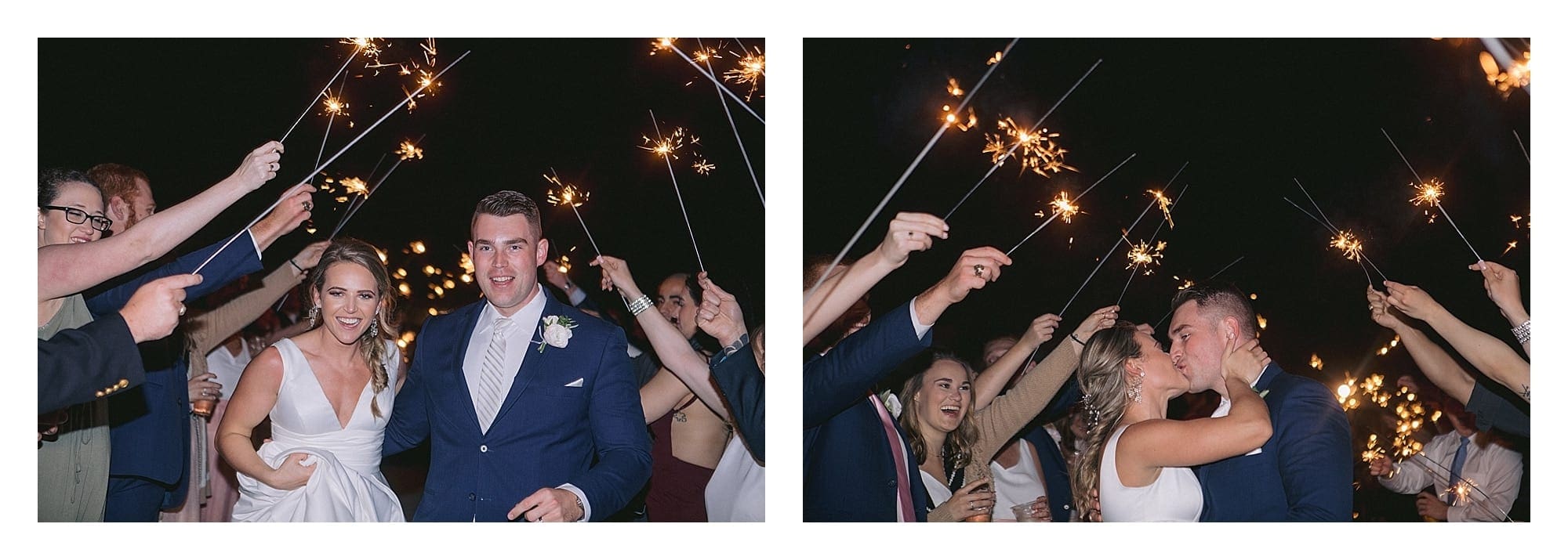 Bride and groom leaving wedding reception at night underneath sparkler send off